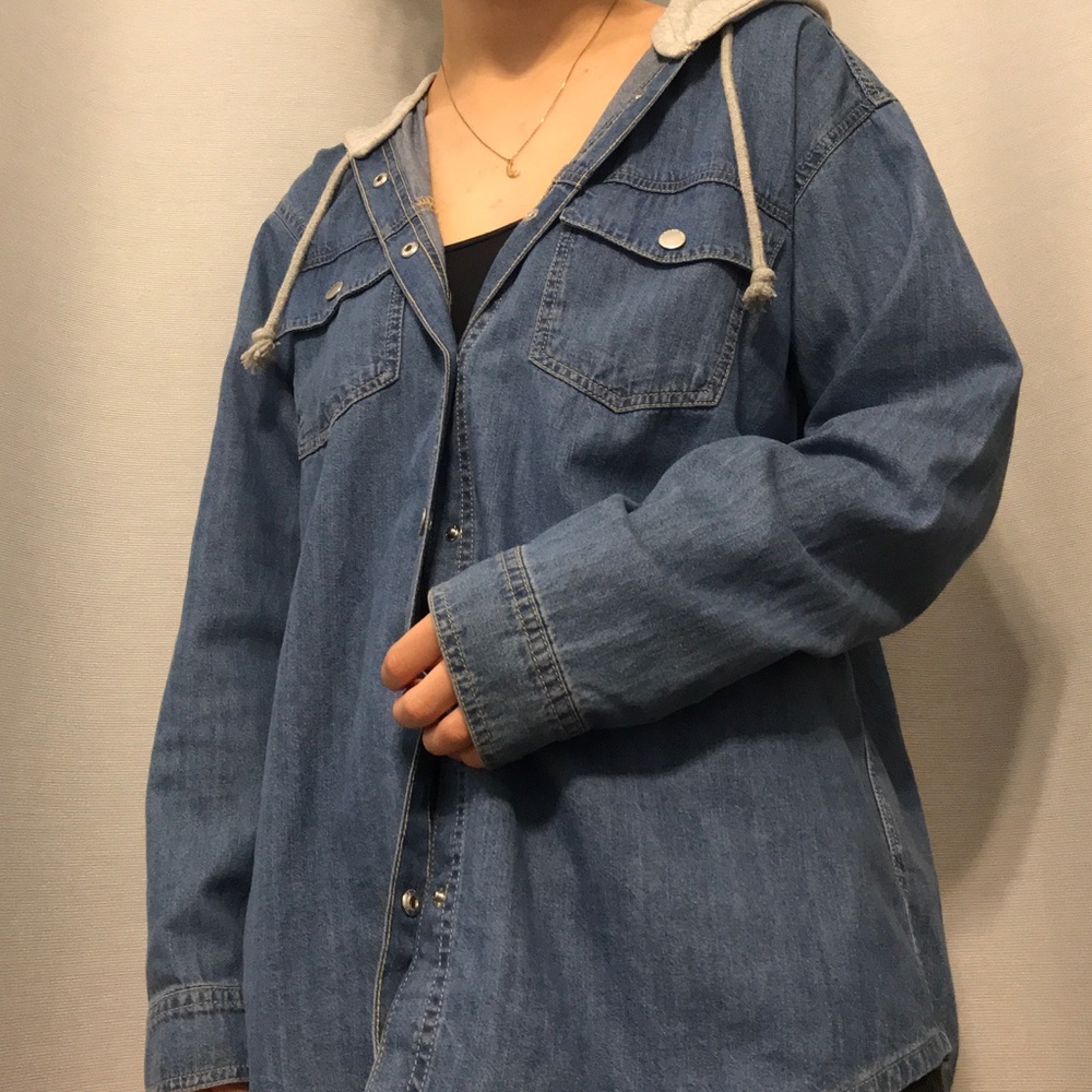 Denim Button Jean Jacket Shirt w/ Built-in Hoodie